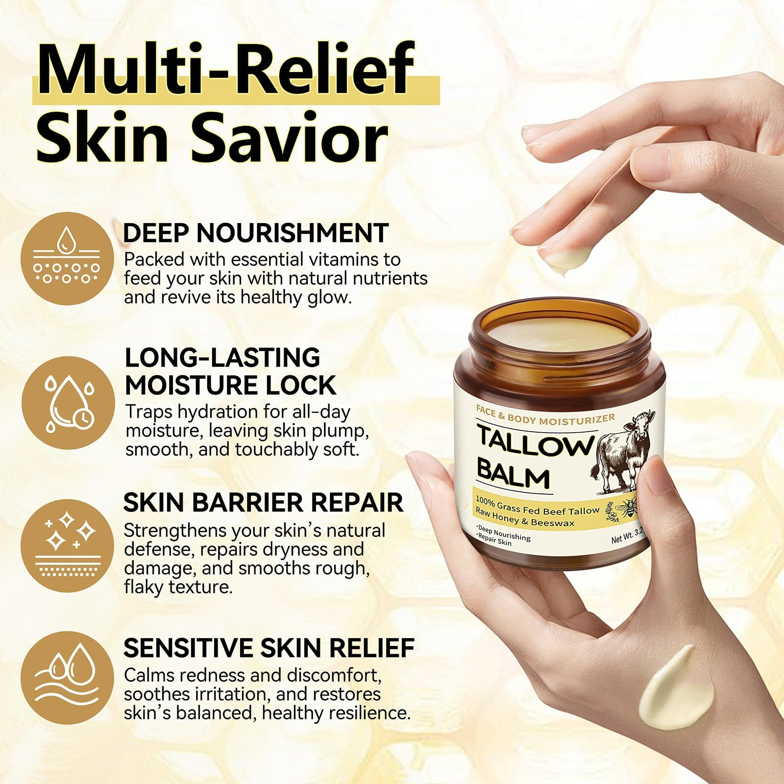 Beef Tallow For Skin, Organic Tallow And Honey Balm For Face, Natural Face Moisturizer, Grass Fed Beef Tallow Skin Care Cream Body Butter, Deep Hydrate And Nourish Dry Skin