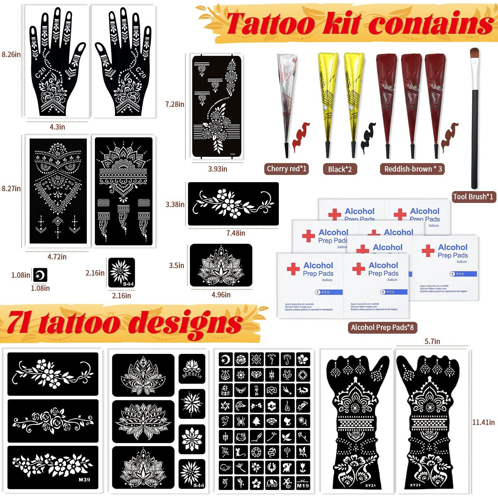 Temporary Tattoo Stencil Kit 10 Sheets (7 Large Hand & Half Arm), 6 Pcs 3 Color Cones (Black/Brown/Cherry Red),Temporary Tattoos For Adults Kids Men Women,Diy Body Art With Stencils