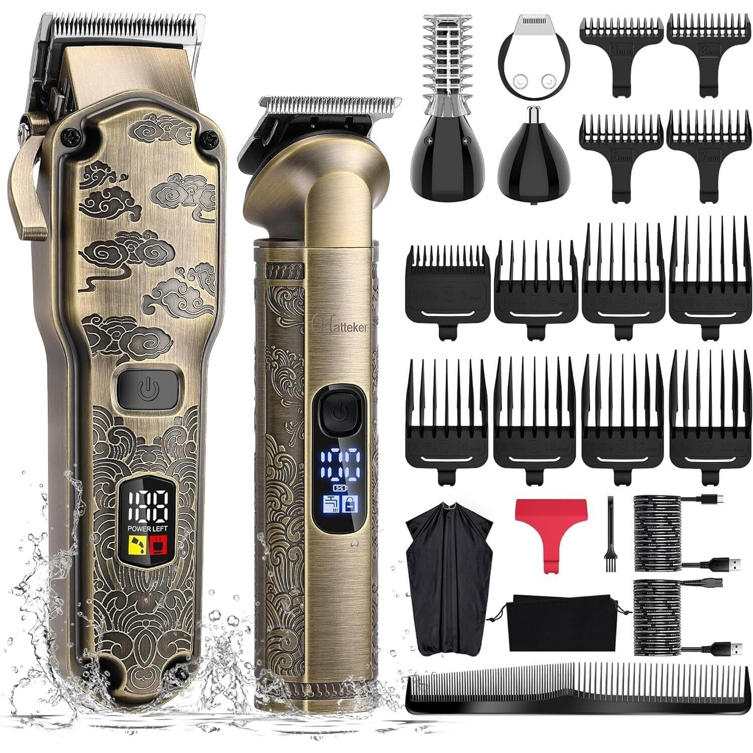 Hatteker Professional Hair Clippers For Men Beard Trimmer Clippers And Trimmer Set Waterproof T-Blade Trimmer Cordless Grooming Kit Nose Body Hair Trimmer Barber Clippers Hair Cutting Kit