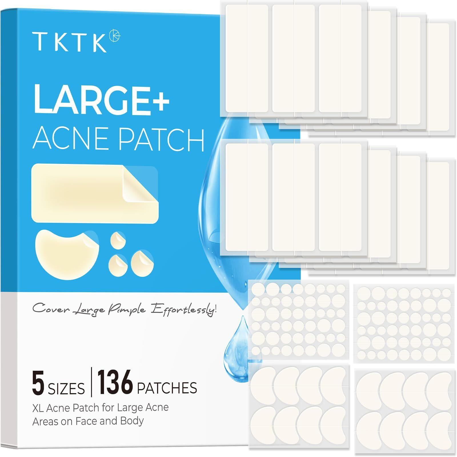 Tktk Large Pimple Patches For Face, 68 X 27 Mm Xl Hydrocolloid Bandages, Big Acne Patches For Body, Forehead, Chin, Nose, Chest And Back Blemish Zit Breakouts (Strip, Contoured, Dot 5 Sizes 295 Count)