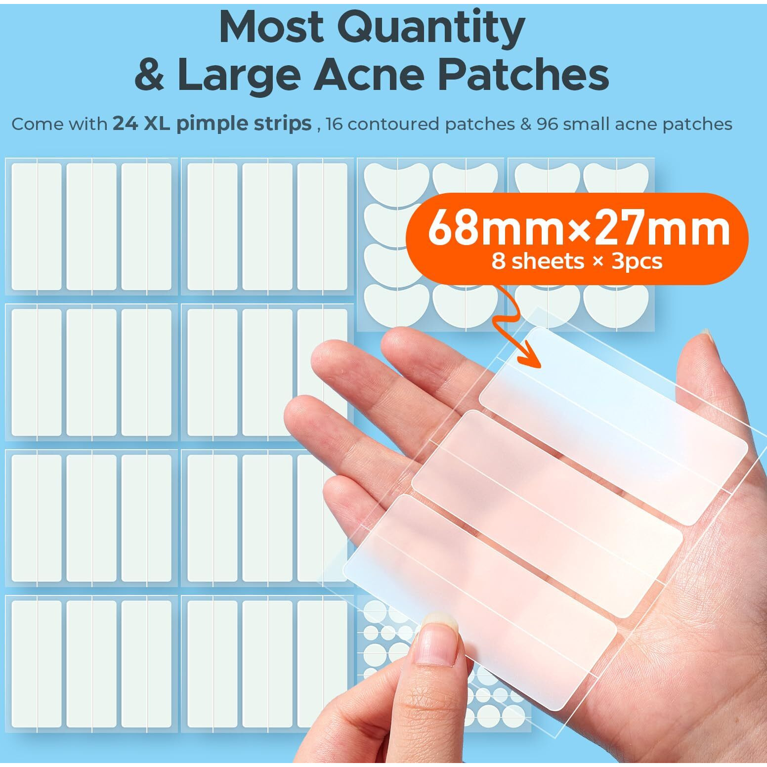 Tktk Large Pimple Patches For Face, 68 X 27 Mm Xl Hydrocolloid Bandages, Big Acne Patches For Body, Forehead, Chin, Nose, Chest And Back Blemish Zit Breakouts (Strip, Contoured, Dot 5 Sizes 295 Count)