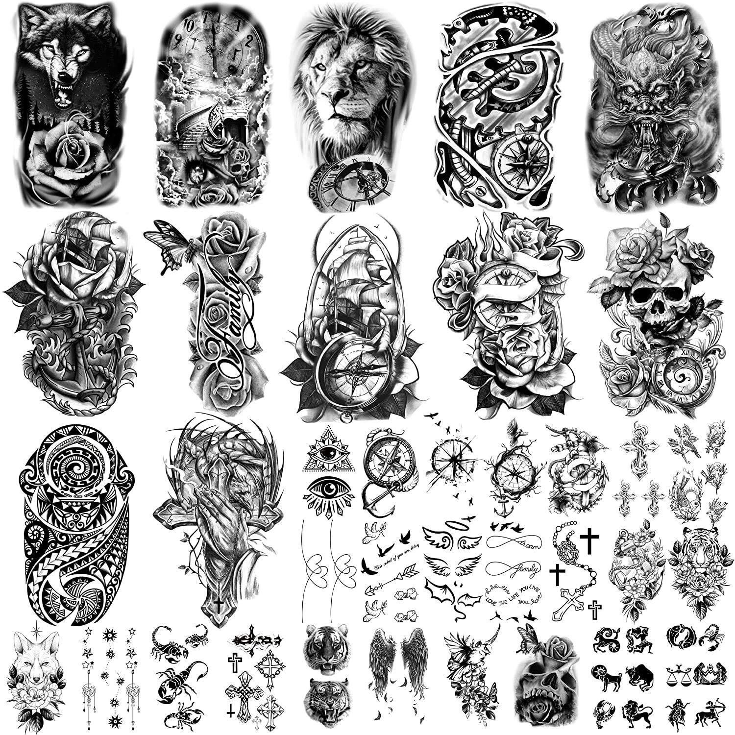 Yazhiji 36 Sheets Temporary Tattoos Stickers, 12 Sheets Fake Body Arm Chest Shoulder Tattoos For Men Or Women With 24 Sheets Tiny Black Tattoos