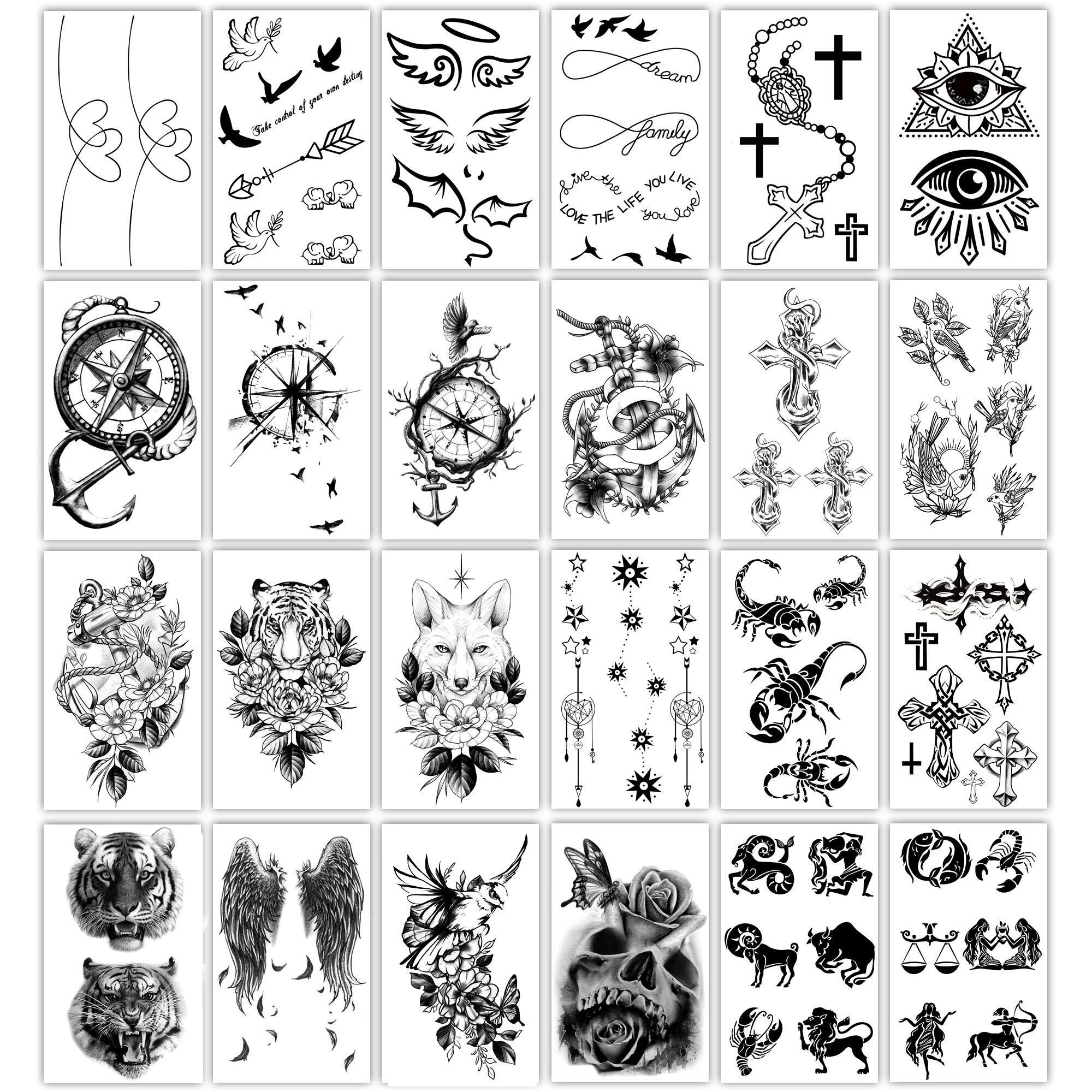 Yazhiji 36 Sheets Temporary Tattoos Stickers, 12 Sheets Fake Body Arm Chest Shoulder Tattoos For Men Or Women With 24 Sheets Tiny Black Tattoos