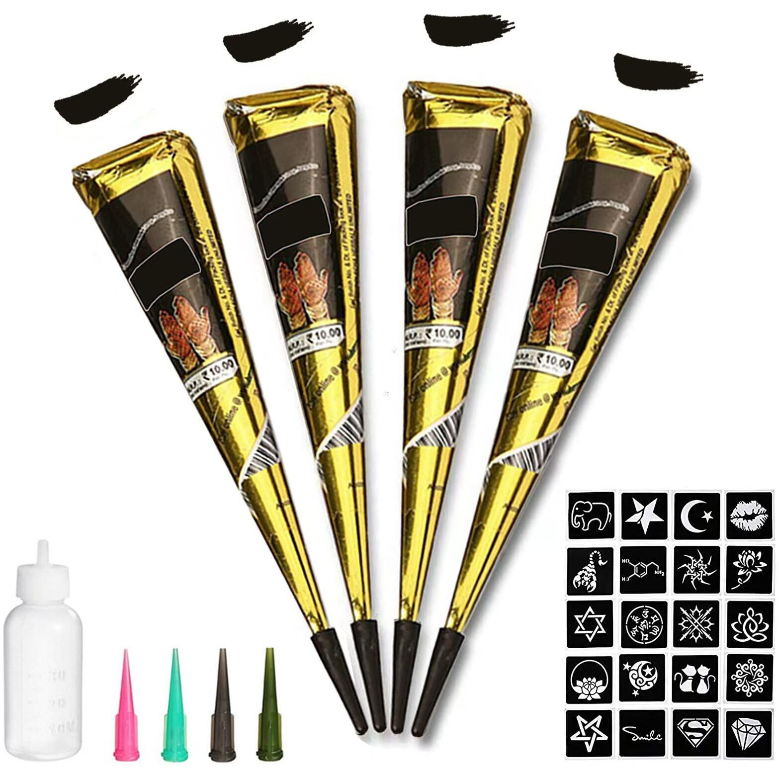 Temporary Tattoos Kit, 4Pcs Black Tattoo Paste Cones, 100% Natural Ready To Use Black Tattoo Paste, India Body Diy Art Painting For Women Men Kids With 20 Adhesive Stencils, 1 Bottle, 4Nozzles