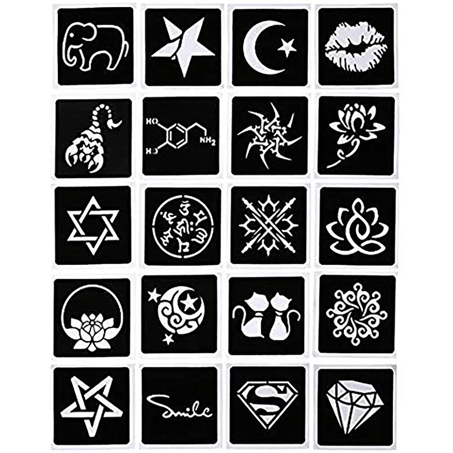 Temporary Tattoos Kit, 4Pcs Black Tattoo Paste Cones, 100% Natural Ready To Use Black Tattoo Paste, India Body Diy Art Painting For Women Men Kids With 20 Adhesive Stencils, 1 Bottle, 4Nozzles