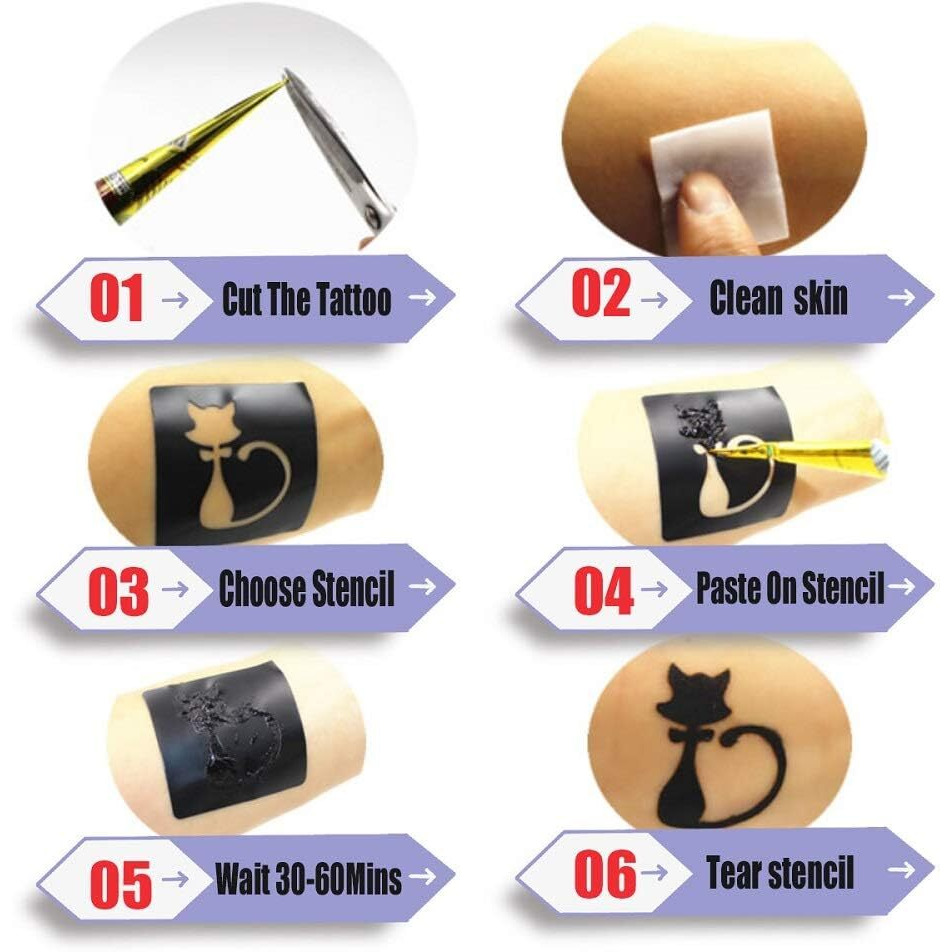 Temporary Tattoos Kit, 4Pcs Black Tattoo Paste Cones, 100% Natural Ready To Use Black Tattoo Paste, India Body Diy Art Painting For Women Men Kids With 20 Adhesive Stencils, 1 Bottle, 4Nozzles