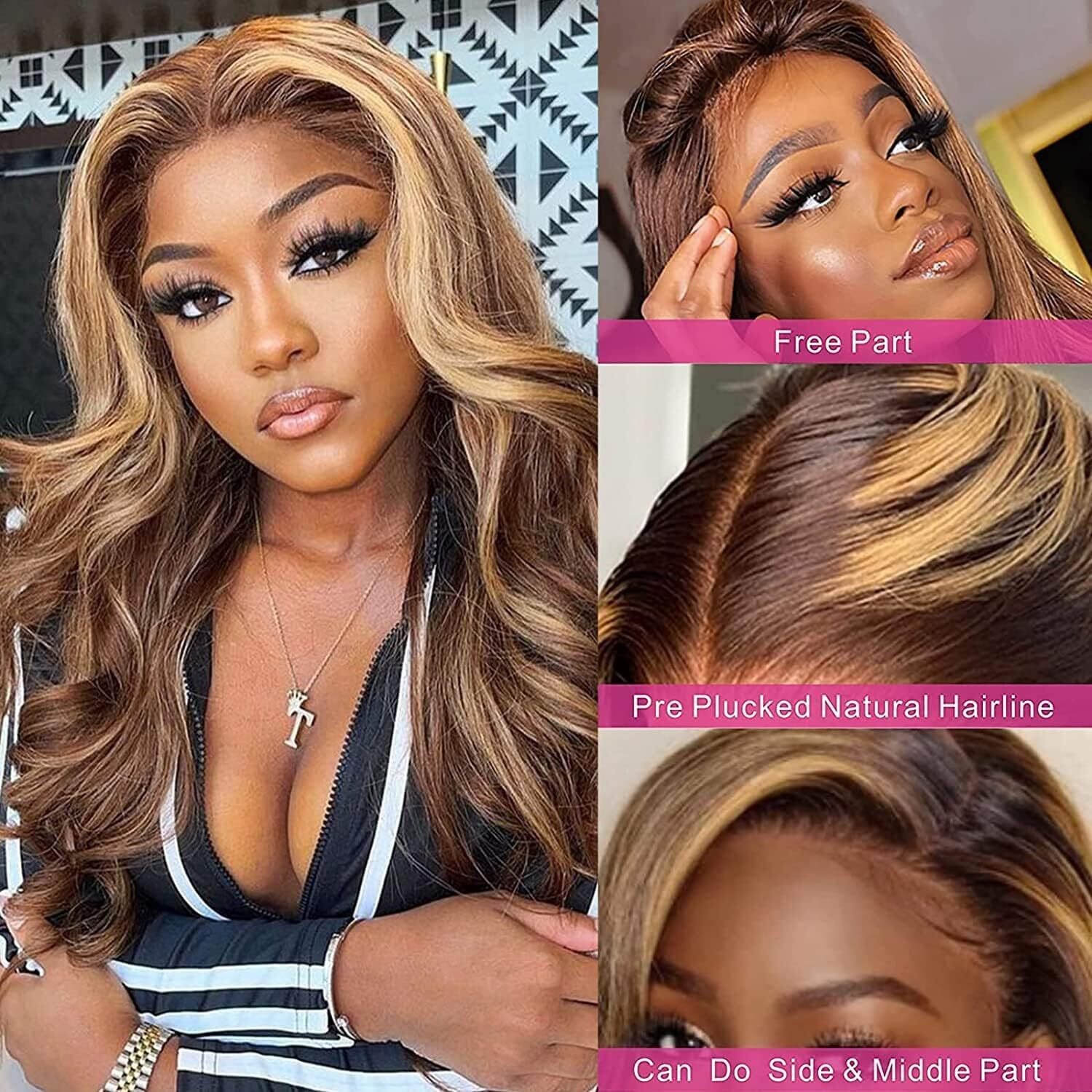 Vibja Honey Blonde Glueless Body Wave Hd Lace Front Wigs Human Hair For Black Women 13X4 Lace Frontal Wigs 200 Density 12A Ombre Highlight P4/27 Pre Plucked Bleach Knots With Baby Hair 30 Inch