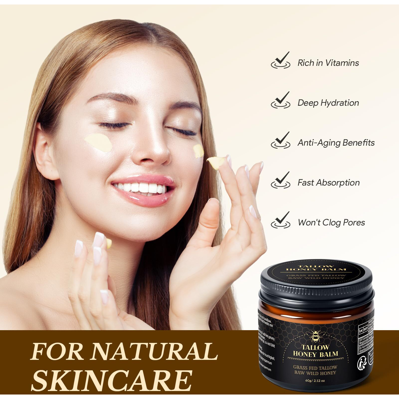 Lazibudgha Beef Tallow For Skin, Tallow And Honey Balm For Face, Organic Grass-Fed Tallow For Body, Deep Nourishing 2.1Oz / 60G