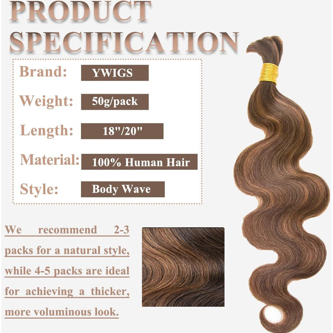 Ywigs Body Wave Bulk Human Hair For Braiding Human Braiding Hair For Boho Braids No Weft Virgin Human Hair 50G 4/30 18Inch