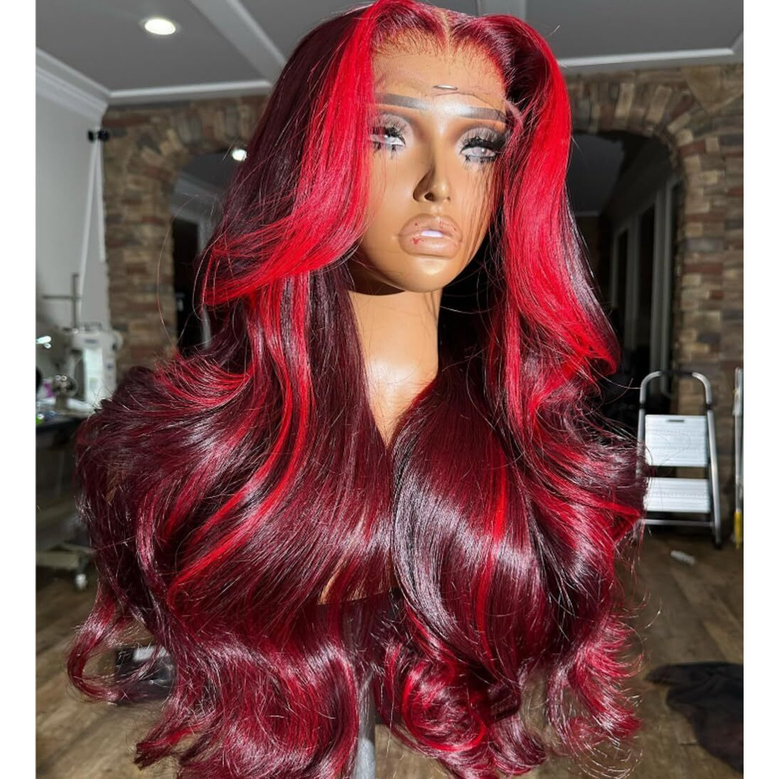 Healthair Red Volume Highlight Skunk Strip On 99J Lace Front Wigs Human Hair 180% Density Body Wave Fire Red Ombre 13X4 Hd Lace Pre Plucked 99J Colored Human Hair Wig For Women (24Inch)