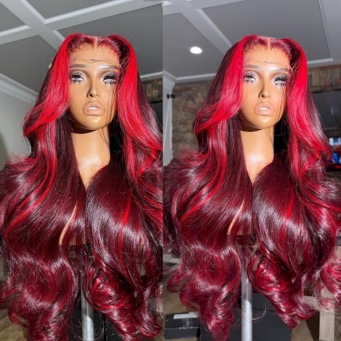 Healthair Red Volume Highlight Skunk Strip On 99J Lace Front Wigs Human Hair 180% Density Body Wave Fire Red Ombre 13X4 Hd Lace Pre Plucked 99J Colored Human Hair Wig For Women (24Inch)