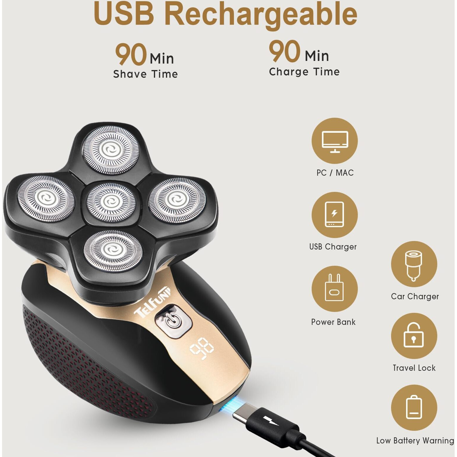 Telfun Detachable Head & Body Hair Shaver, Magnetic Electric Razor For Fast Shaving