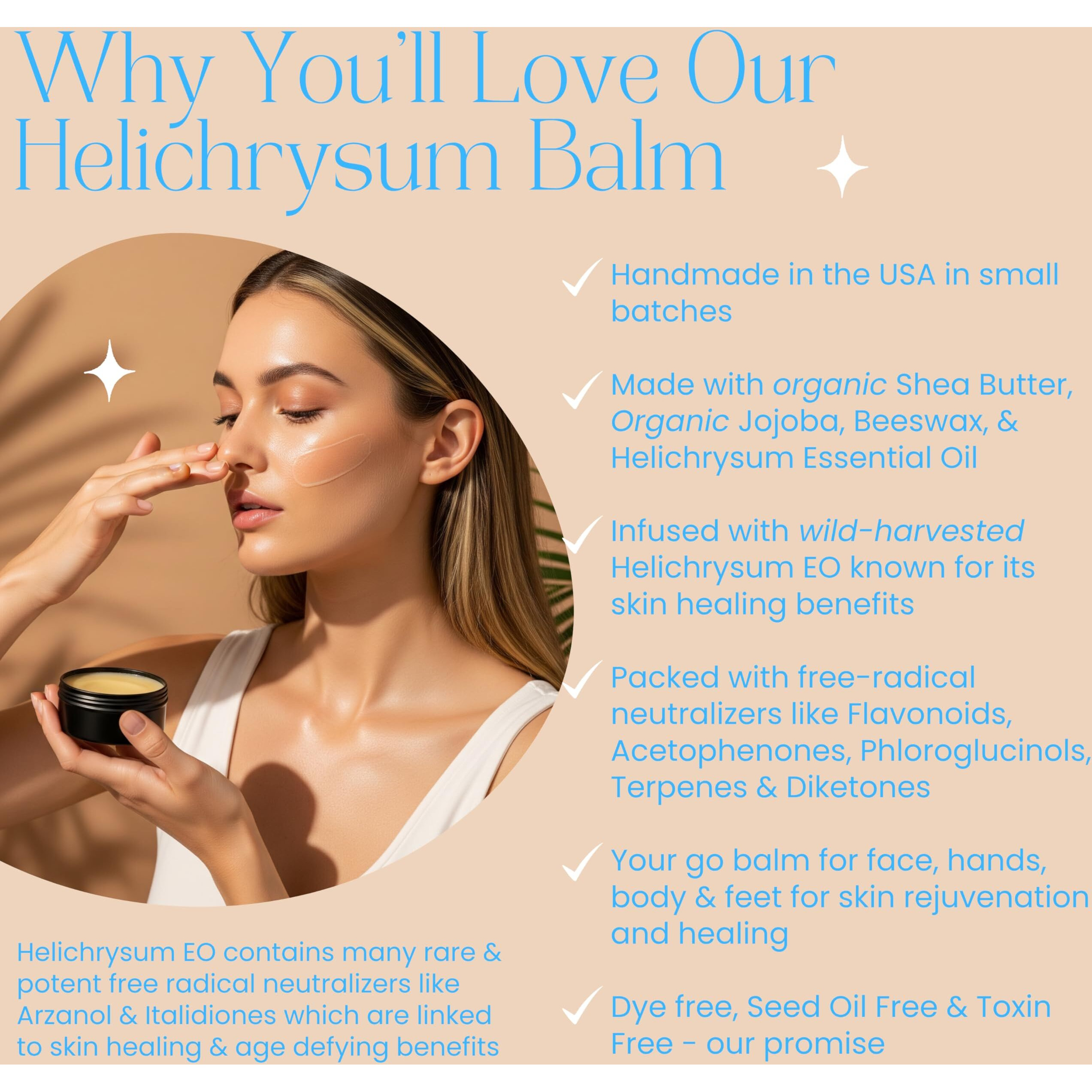 Beauty Glow Organic Helichrysum Balm - 2 Oz Helichrysum Gymnocephalium, Shea Butter, Beeswax, Jojoba Oil Ultra-Moisturizing, Skin Healing, Full Body Hydration
