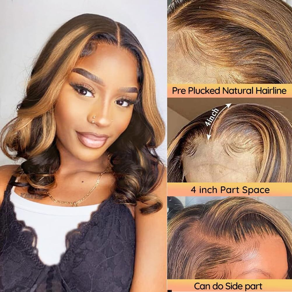 Honey Blonde Bob Wig Human Hair 14 Inch 13X4 Body Wave 4/27 Highlight Ombre Hd Lace Front Wigs Human Hair Pre Plucked Glueless Lace Frontal Bob Wigs For Women