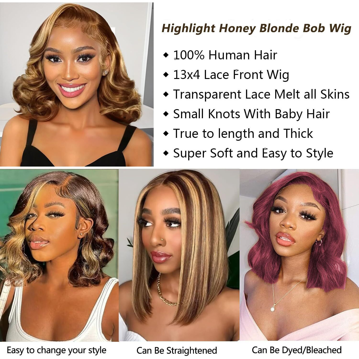 Honey Blonde Bob Wig Human Hair 14 Inch 13X4 Body Wave 4/27 Highlight Ombre Hd Lace Front Wigs Human Hair Pre Plucked Glueless Lace Frontal Bob Wigs For Women