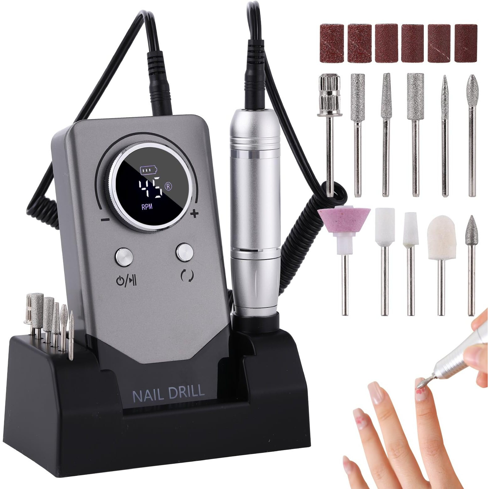 Electric 45000Rpm Nail Drill Machine Rechargeable Portable Nail File Electric Diy Nail Drill Kit With Smart Lcd Screen For Gel Nail Manicure And Pedicure Reflective Body Etc (Grey)