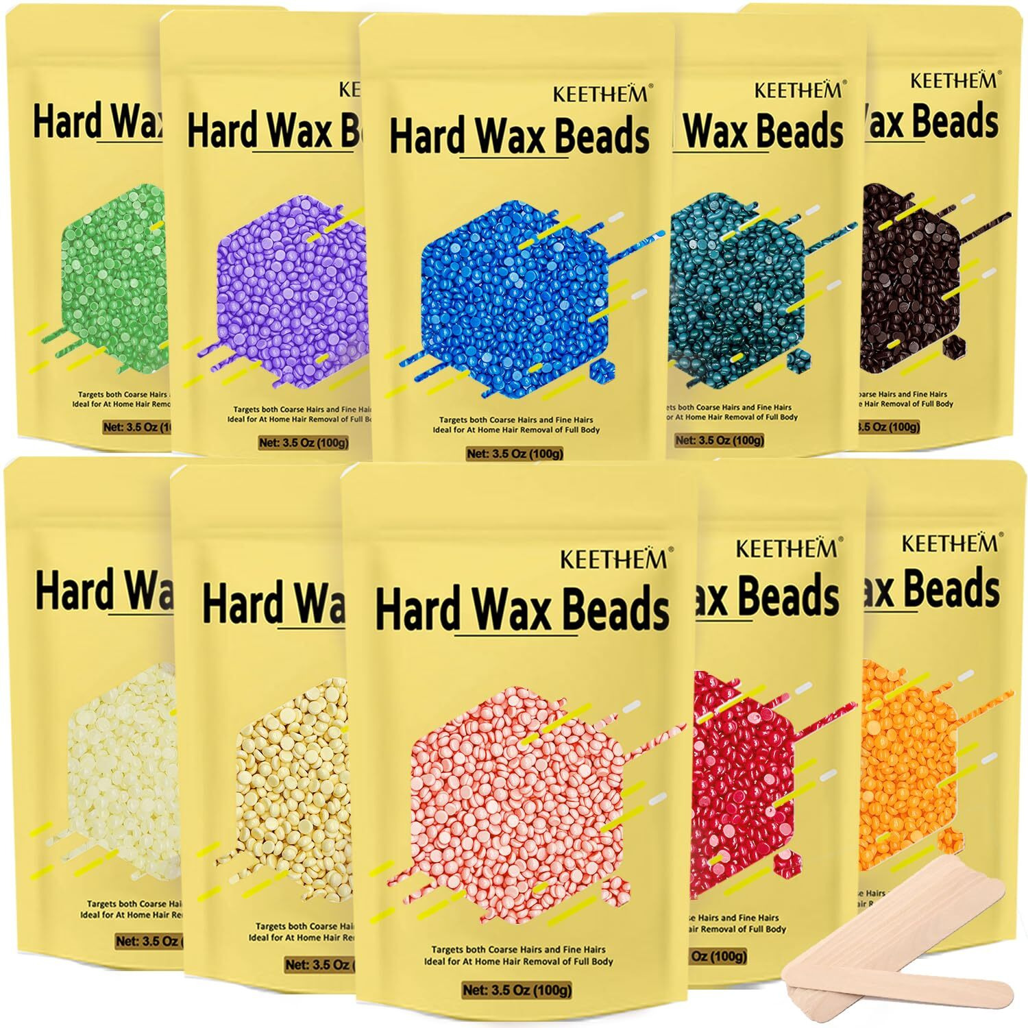 Wax Beads For Hair Removal - 2.2 Lb / 10 * 100G Waxing Beads Bag At Home For Sensitive Skin Women - Hard Wax Beads With 20 Sticks, Bikini Brazilian Body Face