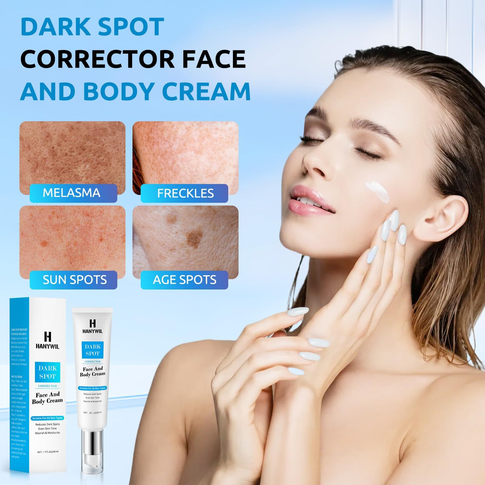 Hanywil Dark Spot Corrector Cream For Hyperpigmentation,Brightening Serum For Face & Body,Rapid Fade Treatment For Sun Spots, Age Spots & Melasma,Dermatologist-Tested Skin Tone Evenser (2.0 Fl Oz)