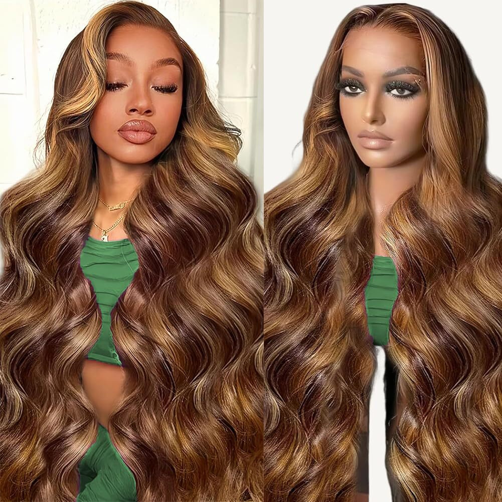 Sunelk Highlight Ombre 13X6 Lace Front Wig Human Hair 34 Inch Honey Blonde Wig 200 Density Glueless Hd Lace Frontal Wig For Women 4/27 Highlight Body Wave Lace Front Wigs Human Hair