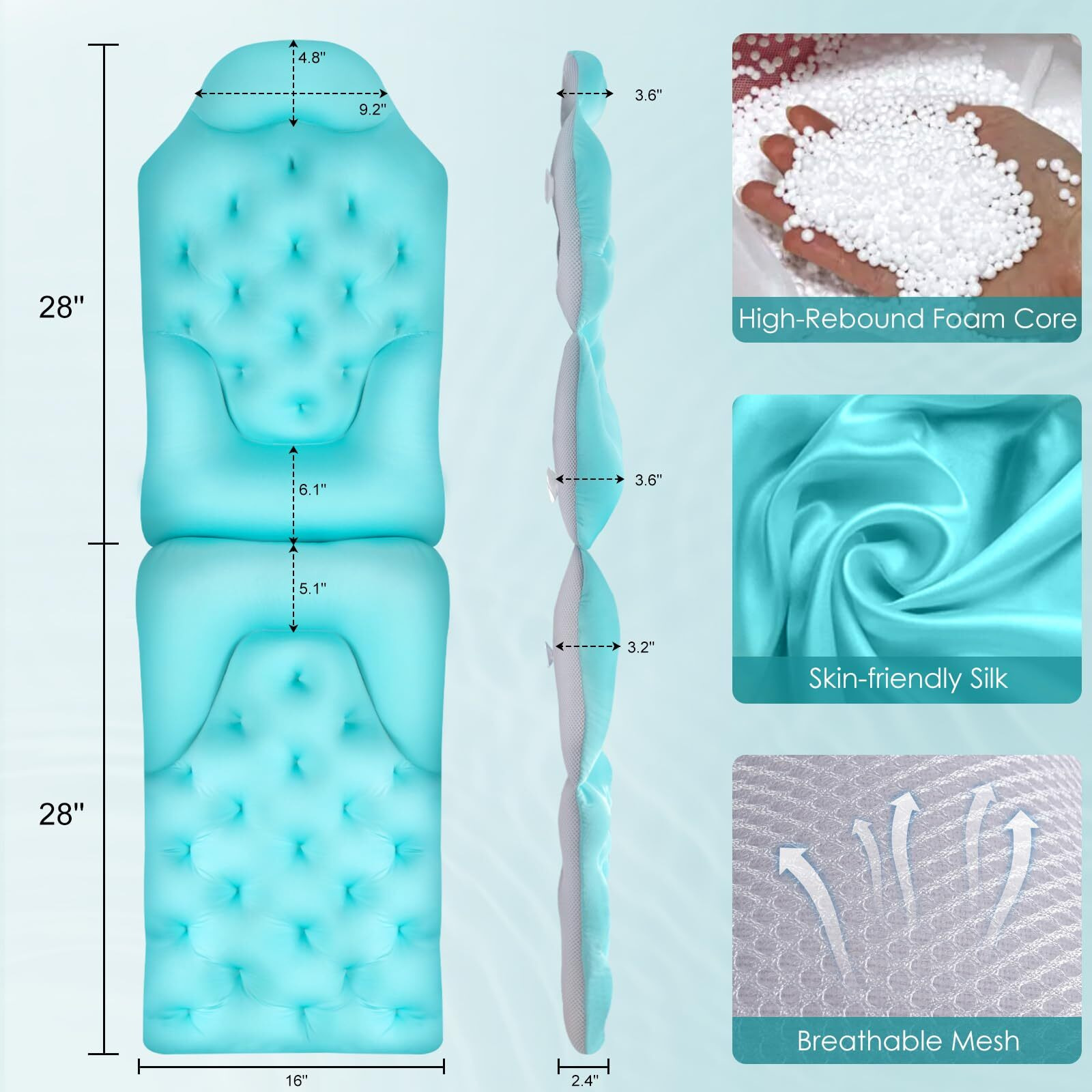 Atsuwell Extra Large Bath Cushion For Tub, Luxury Full Body Bath Pillow With Foam Beads & Durable Suction Cups, Ergonomic Shower Pillow For Neck, Waist, Hip Support, Comfort Relaxation Spa, 58"" X 16""