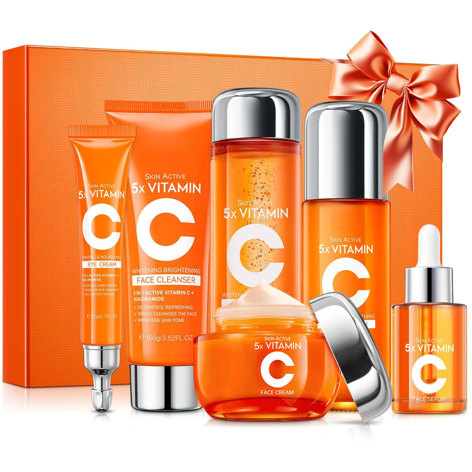 Vitamin C Skincare Set, 6-In-1 Skincare Gift Set With Facial Cleanser, Toner, Eye Cream, Serum, Lotion & Face Cream, Moisturizing Face Skin Care Kit For Anti-Aging, Anti-Wrinkle