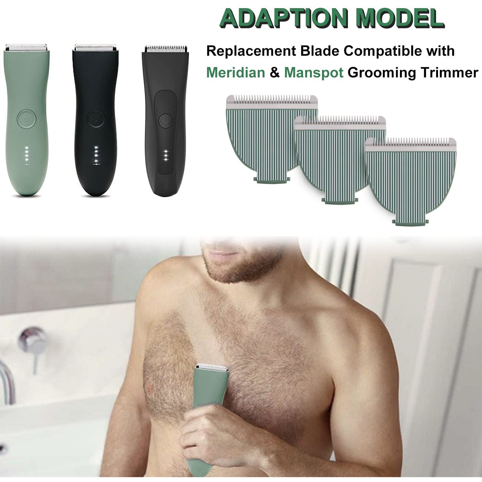 3 Pack Replacement Blades Compatible With Meridian Trimmer, Hygienic Ceramic Replacement Blades Compatible With Meridian Body Trimmer (Onyx & Sage), Green