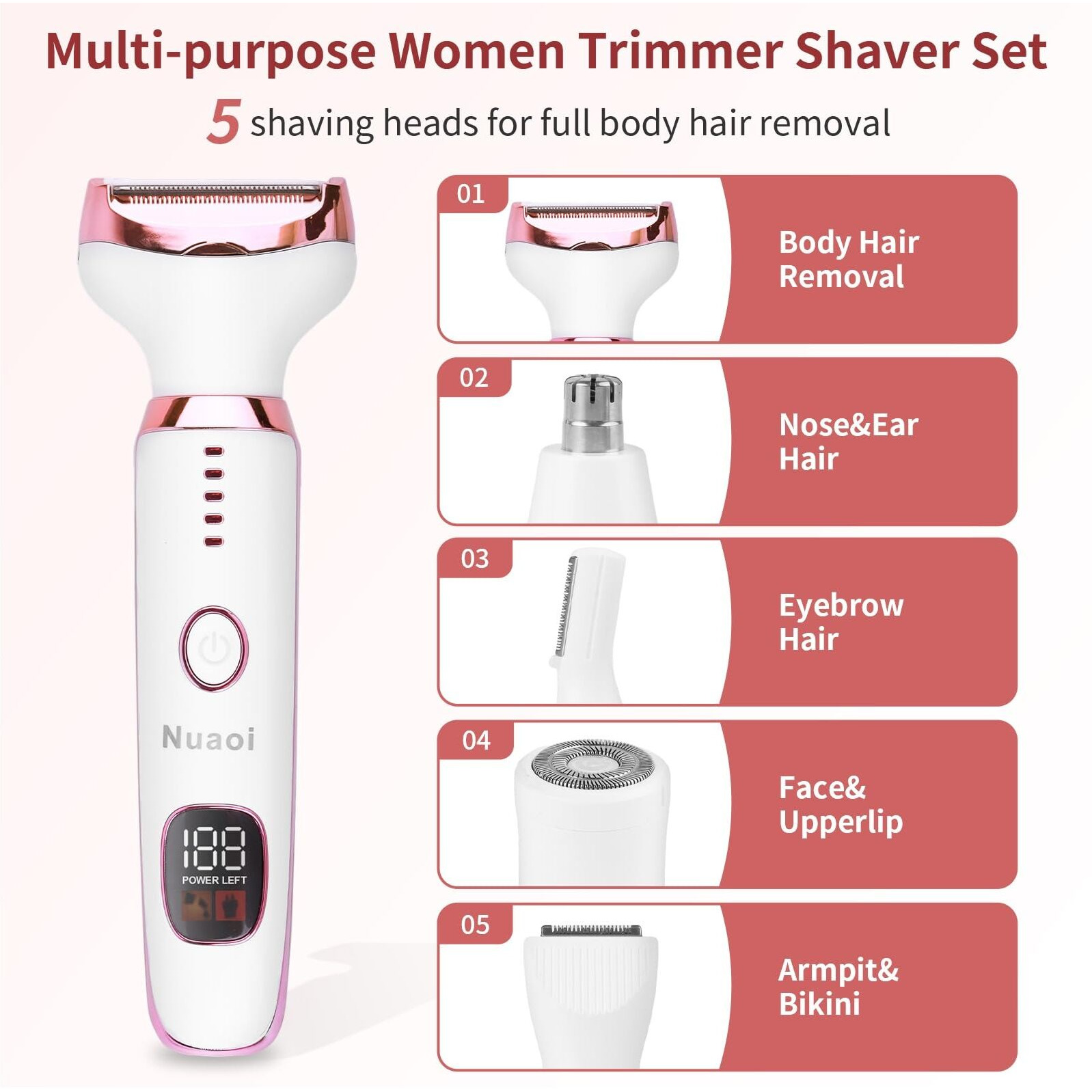 Electric Shaver Razors For Women - 5 In 1 Bikini Trimmer For Women Body Hair Trimmer Facial Hair Removal Cordless Rechargeable Body Shaver For Face Chin Arms Underarm Legs Arms Eyebrow