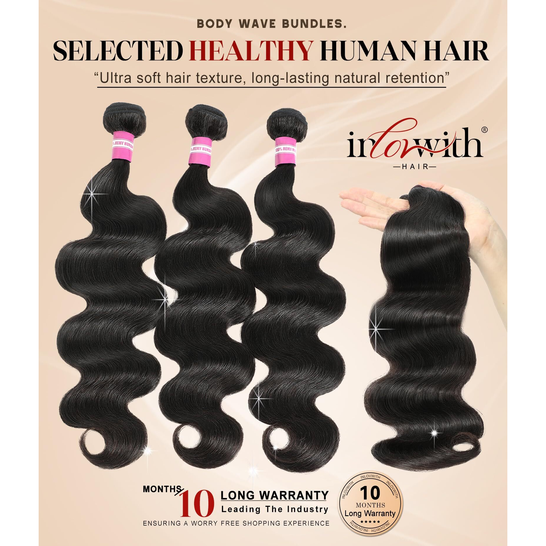 Inlovwith Healthy Human Hair Bundles, Body Wave Bundles Human Hair, 100% Unprocessed Selected Healthy Brazilian Virgin Hair Extensions(3 Bundles, 32 34 36 Inches)