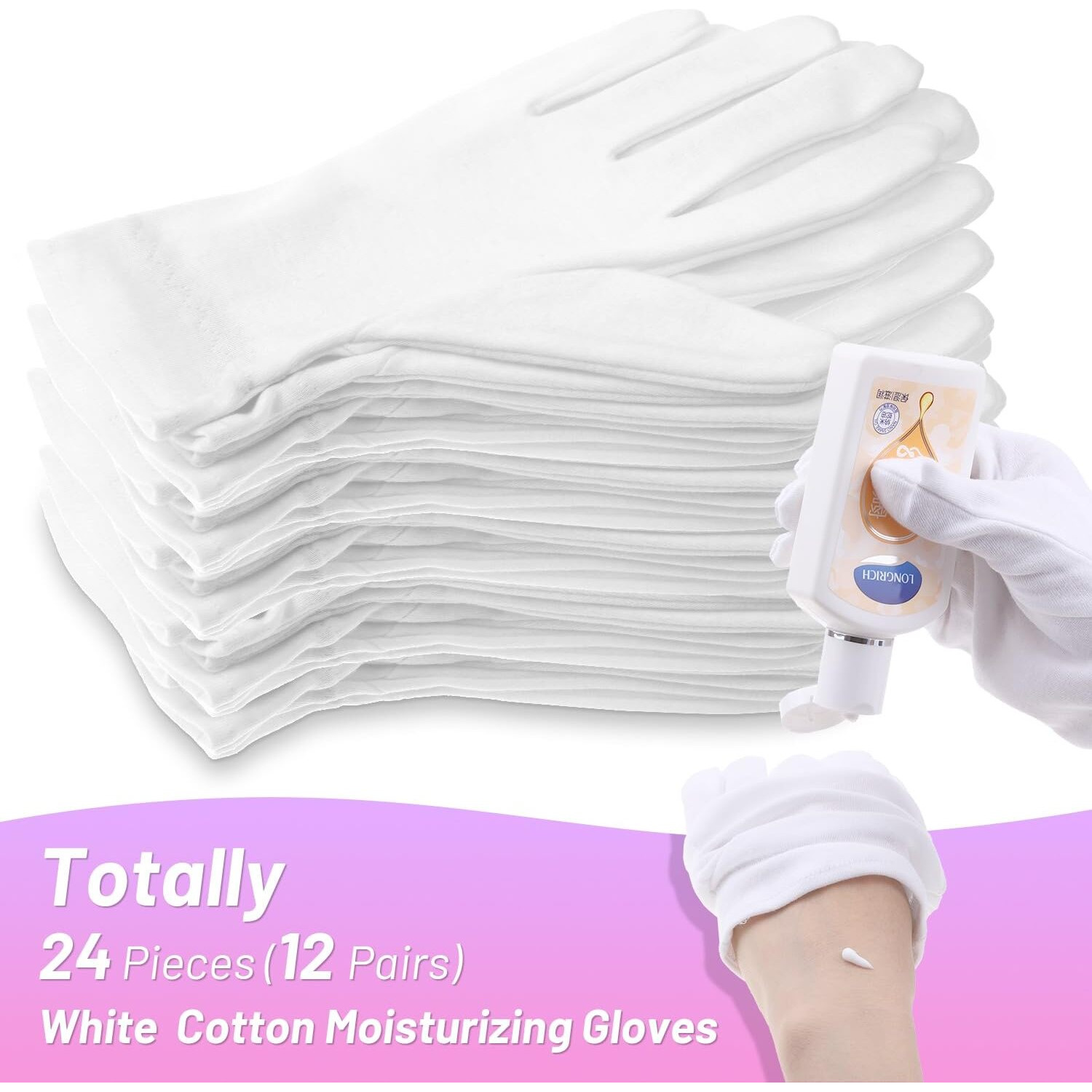 Selizo 12 Pairs 100% White Cotton Gloves For Eczema, Moisturizing Gloves For Dry Hands Overnight Women, Moisture Sleeping Spa Lotion Hand Cream Gloves For Eczema Dry Cracked Hands Sensitive Skin