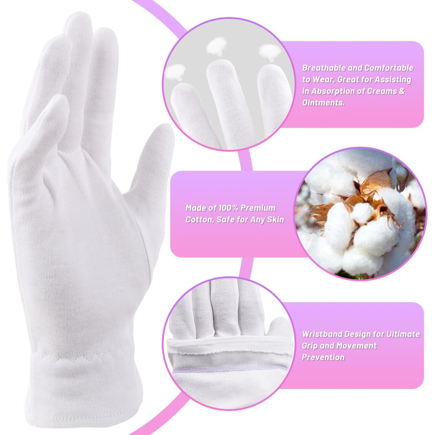 Selizo 12 Pairs 100% White Cotton Gloves For Eczema, Moisturizing Gloves For Dry Hands Overnight Women, Moisture Sleeping Spa Lotion Hand Cream Gloves For Eczema Dry Cracked Hands Sensitive Skin
