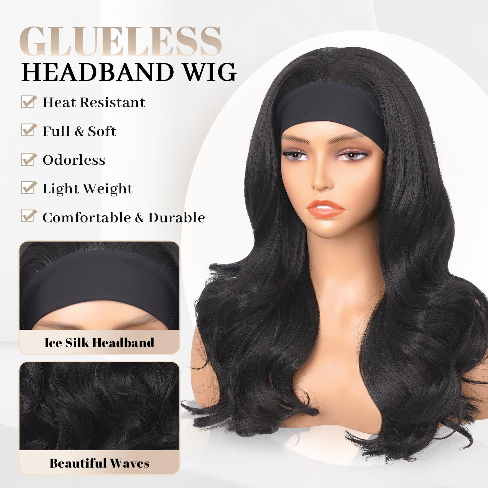 Aminow Wavy Headband Wig Synthetic Body Wave Headband Wigs For Black Women Glueless Half Wig Soft & Natural As Human Hair (Natural Black, 20 Inch)