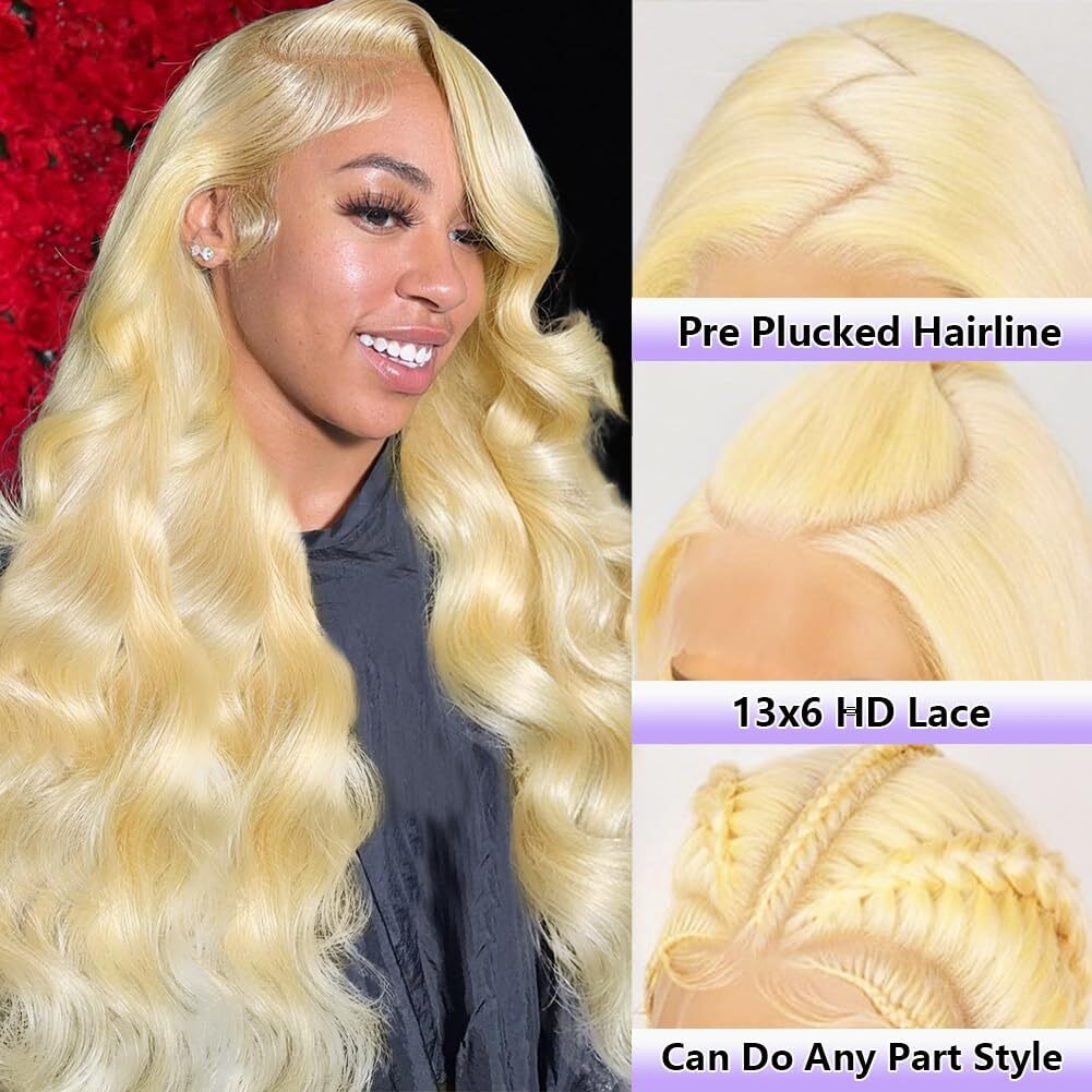 Vvppil 613 Lace Front Wig Human Hair 200 Density 34 Inch Blonde Wig Human Hair 613 13X6 Hd Lace Frontal Wig Blonde Body Wave Lace Front Wigs Human Hair Pre Plucked For Women