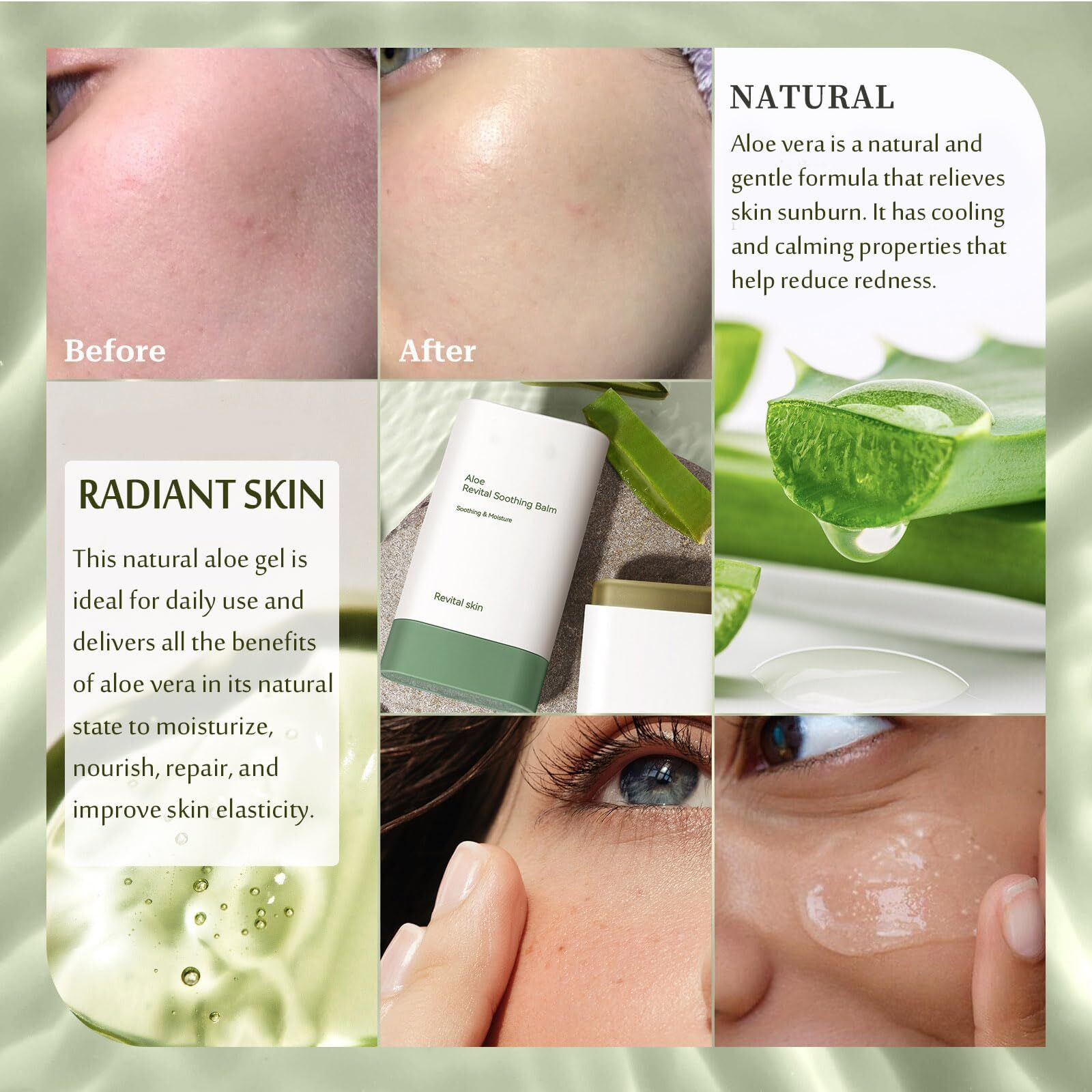 Grospe Organic Aloe Vera Gel Stick For Face & Body, Pure Aloe Gel Ideal For Hydrating, Soothing For Dry Skin, Anti-Wrinkle, Acne Scars, Soothing After Sun Care Relief