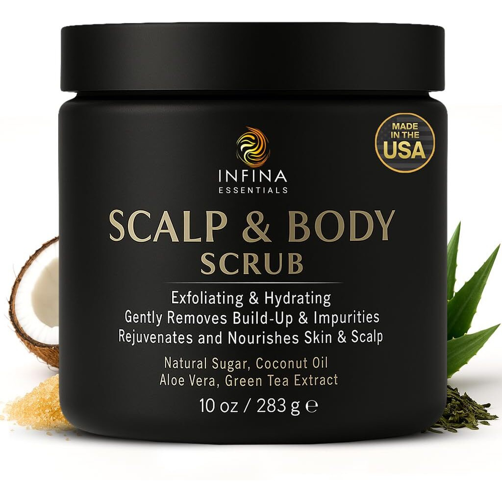 Scalp And Body Scrub - Exfoliating Sugar Cleanser With Coconut Oil, Menthol & Aloe - Dual-Use Polisher For Dry Skin & Flaky Scalp - Soothing, Cooling & Hydrating - Infina Essentials | 8.45 Fl Oz