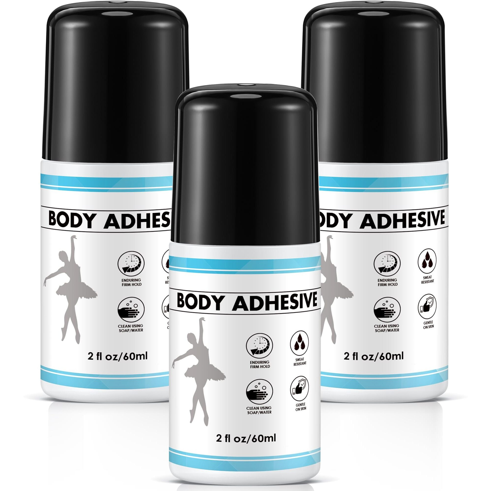 Electricwise 3 Pcs Roll On Body Adhesive For Dancers, 2Oz Sweat Resistant Body Glue For Oily And Dry Skin, Clear & Non Toxic Liquid Tape Butt Adhesive For Compression Stocking, Wig Glue, Residue Free
