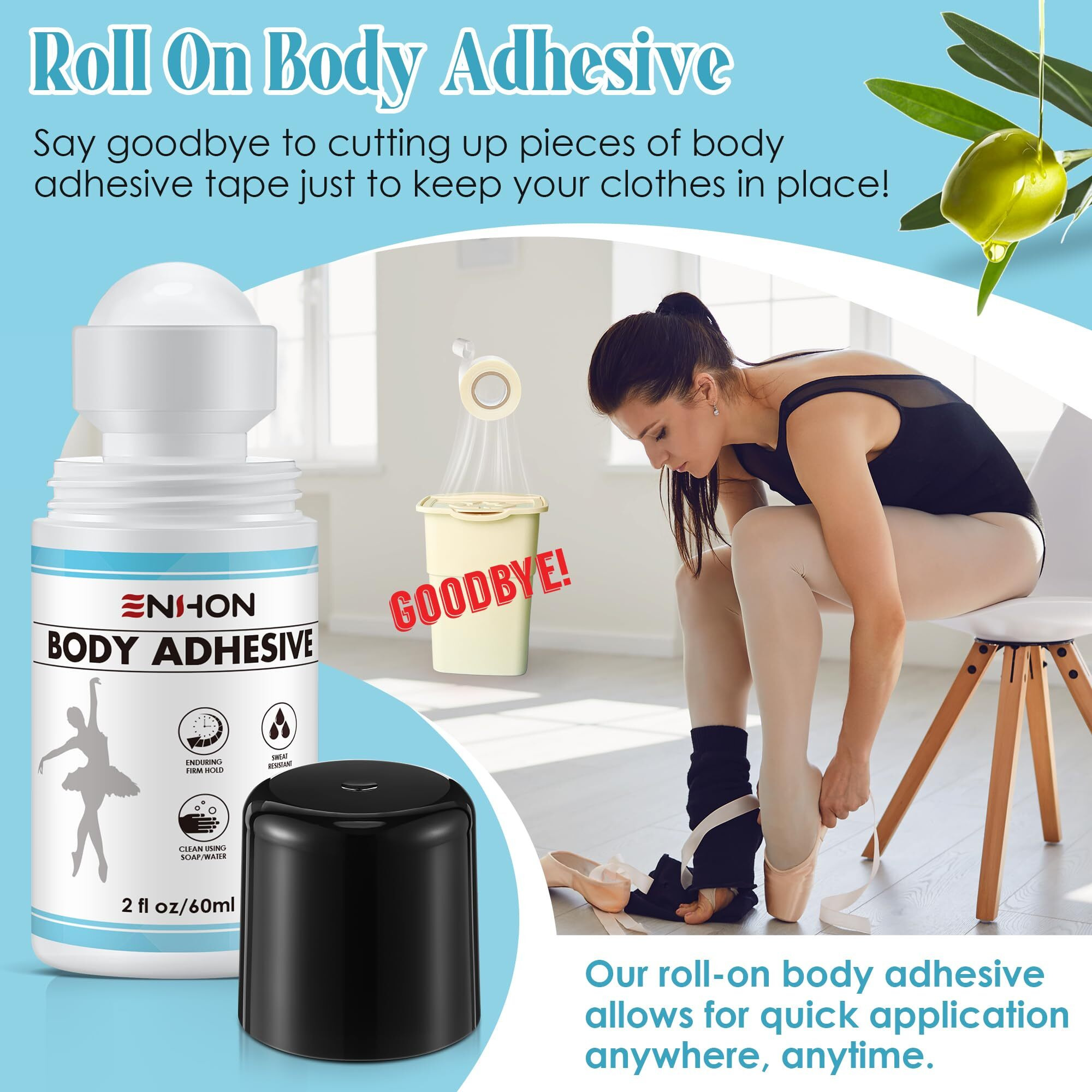 Electricwise 3 Pcs Roll On Body Adhesive For Dancers, 2Oz Sweat Resistant Body Glue For Oily And Dry Skin, Clear & Non Toxic Liquid Tape Butt Adhesive For Compression Stocking, Wig Glue, Residue Free