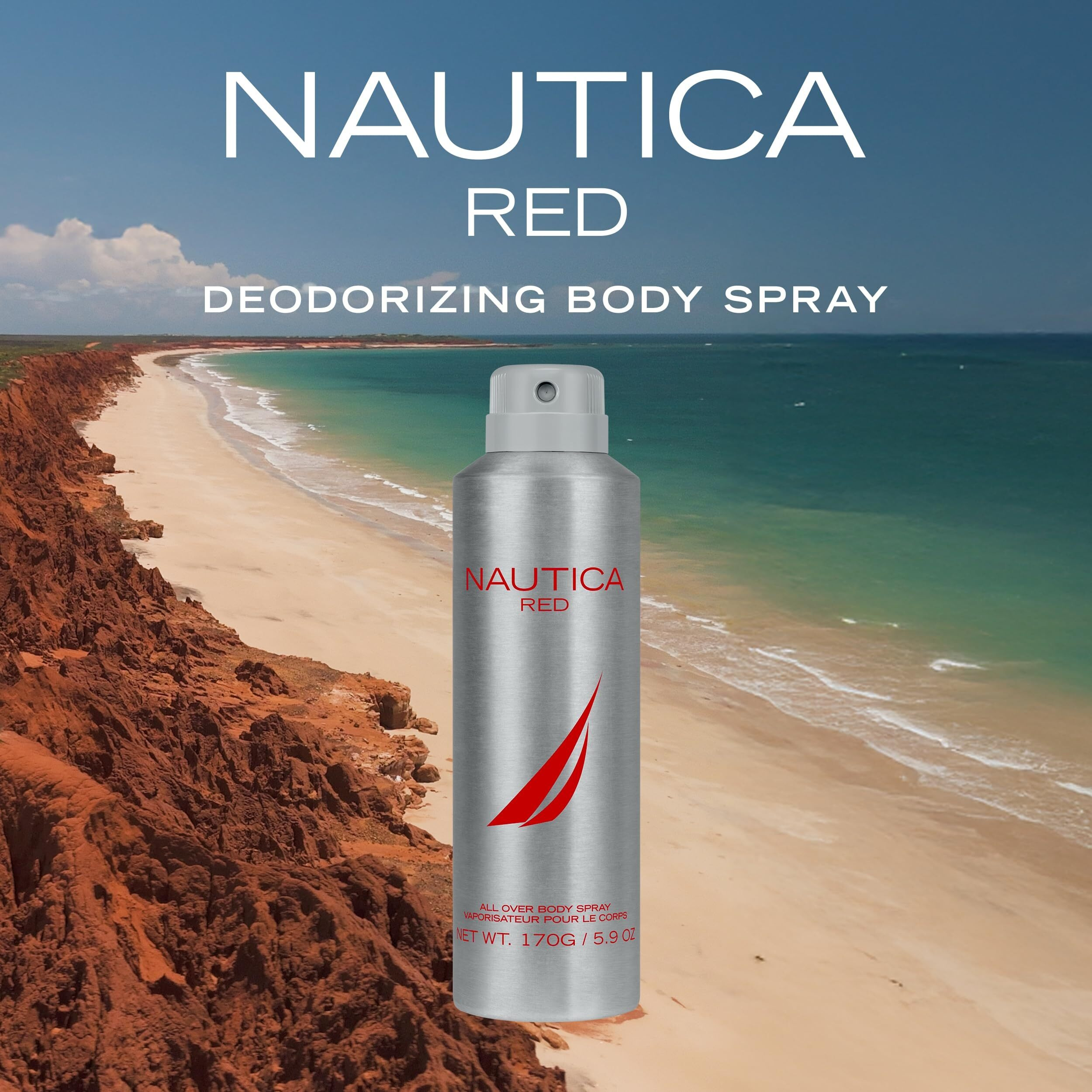 Nautica Color Red Deodorizing Body Spray For Men, Aromatic Fougere Fragrance, Notes Of Black Pepper, Lavender And Rosemary, 6.0Oz