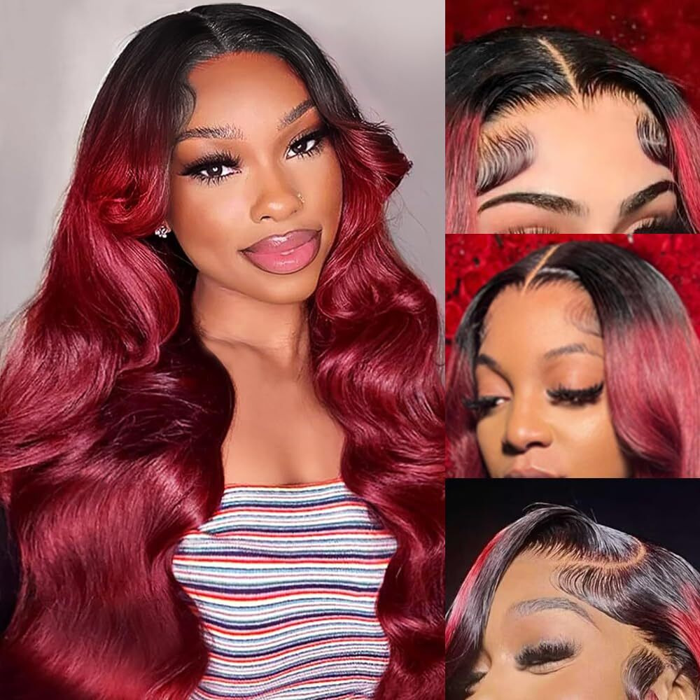 Avolo 1B/99J Burgundy Lace Front Wigs Human Hair 13X4 Hd Body Wave Ombre Lace Front Wig Human Hair 180% Density Black And Burgundy Ombre Lace Front Wig Colored Frontal Wigs Human Hair 28 Inch
