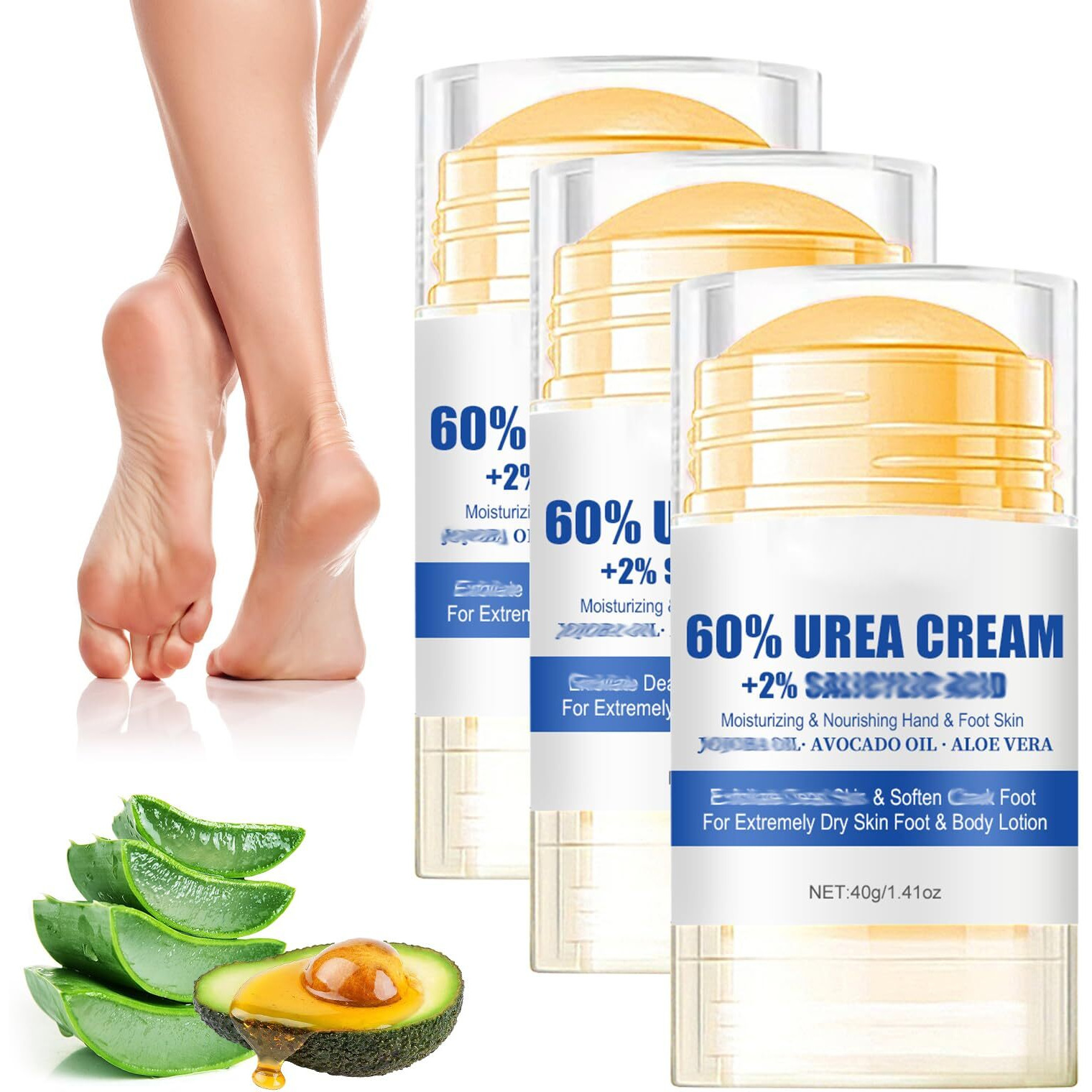 3Pcs 60% Urea Hydrating And Anti-Cracking Foot Cream, Maximum Strength Urea Cream For Feet, Foot Lotion Stick For Heels, Dry Hands & Rough Knees, Smoothing Skin Women And Men