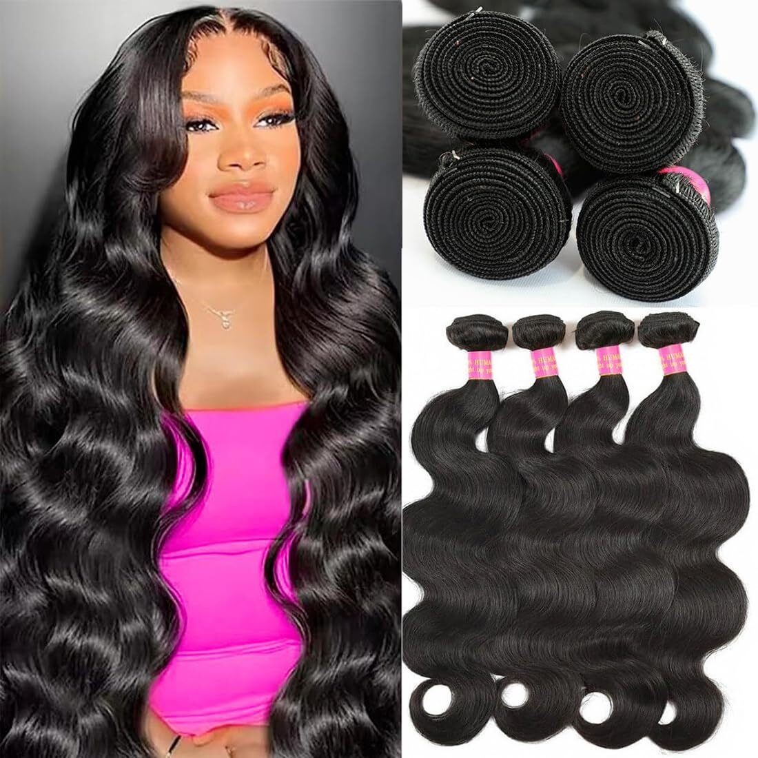 Fopeela 12A Human Hair Bundles 18 20 22 24 Inch Body Wave Bundles Human Hair 100% Unprocessed Brazilian Virgin Hair Natural Black Wavy Human Hair Extensions For Women