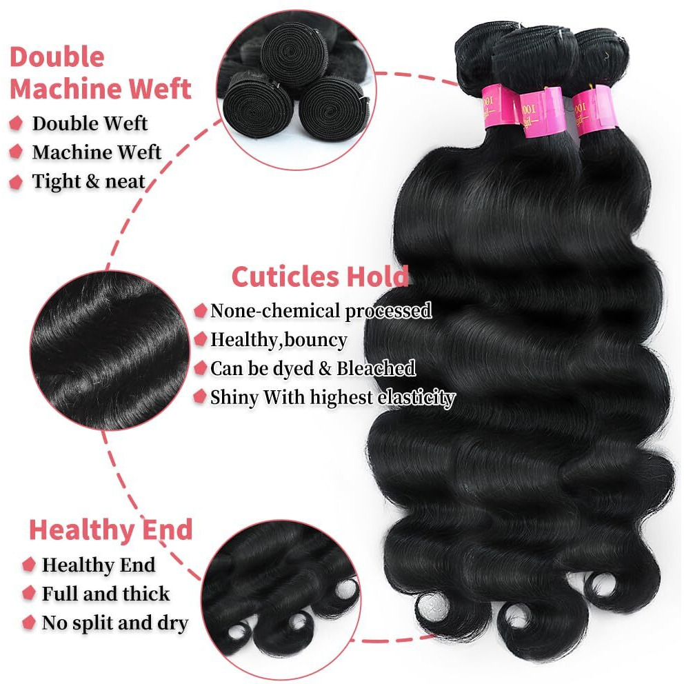 Fopeela 12A Human Hair Bundles 18 20 22 24 Inch Body Wave Bundles Human Hair 100% Unprocessed Brazilian Virgin Hair Natural Black Wavy Human Hair Extensions For Women