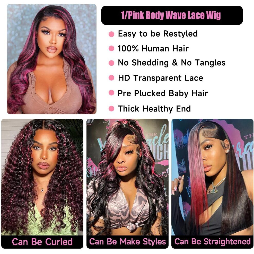 Keabalo Ombre Lace Front Wig Human Hair Skunk Stripe Human Hair Wigs 13X4 Hd Lace Frontal Body Wave Highlight Pink Human Hair Wig Pink And Black Colored Wigs Human Hair 180% Density 32 Inch