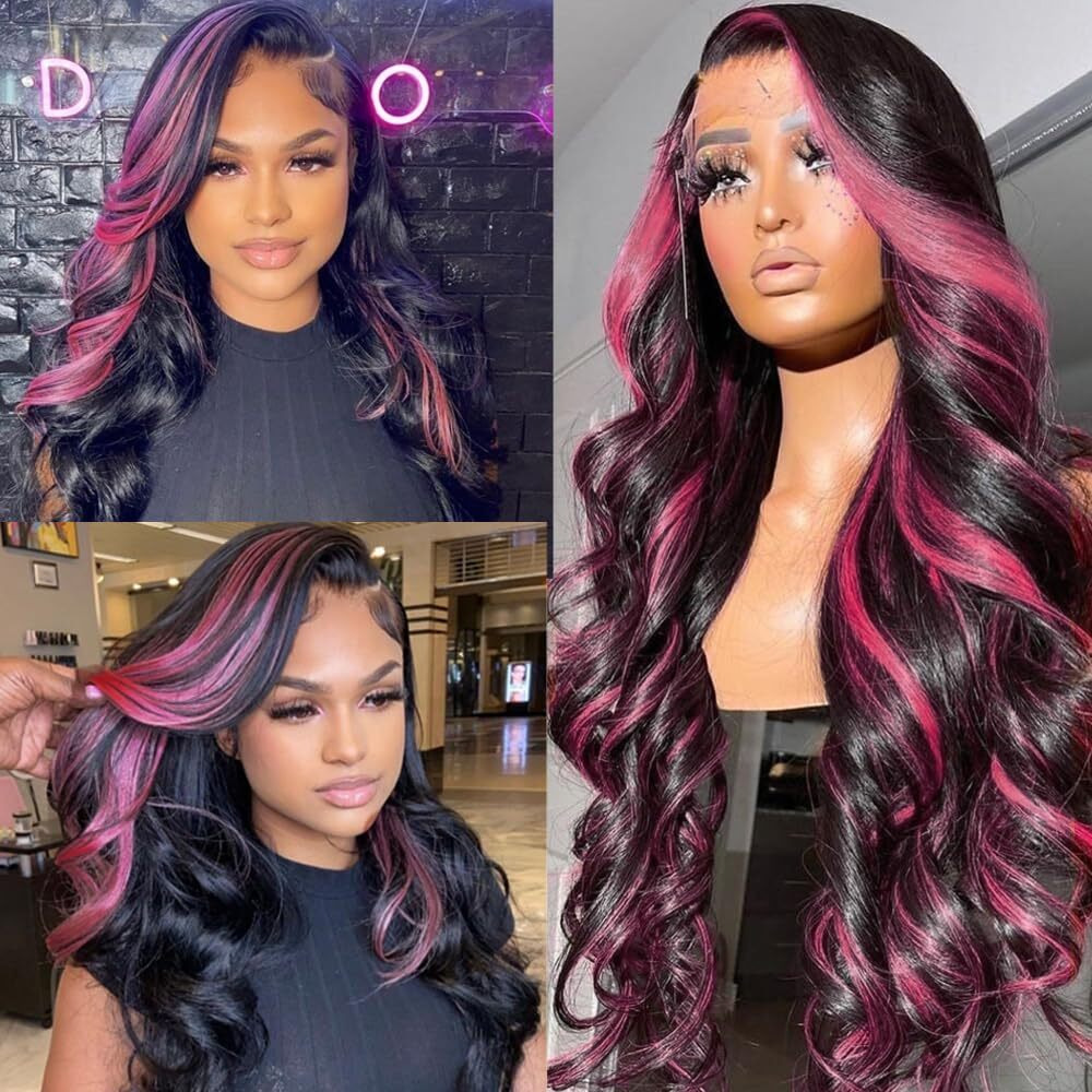 Keabalo Ombre Lace Front Wig Human Hair Skunk Stripe Human Hair Wigs 13X4 Hd Lace Frontal Body Wave Highlight Pink Human Hair Wig Pink And Black Colored Wigs Human Hair 180% Density 32 Inch