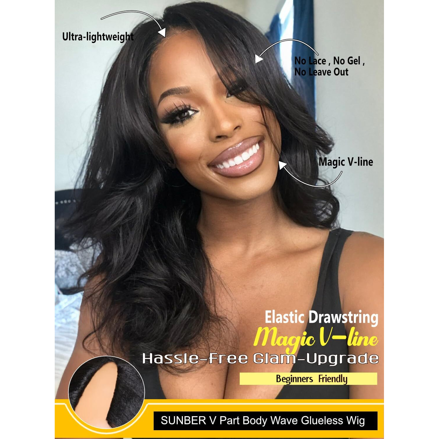 Sunber Body Wave V Part Human Hair Wigs Glueless For Women V Part Wig Human Hair No Leave Out No Glue No Gel Body Wave Upgrade V Part Wig Natural Black Color Wear And Go Beginner Friendly Wigs 22Inch