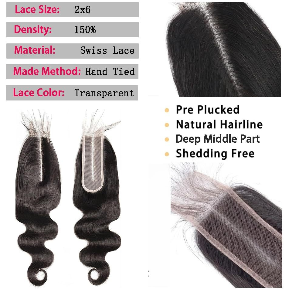 Body Wave Bundles With Closure Human Hair(14 16 18+2X6 Lace Closure 12Inch) Body Wave Bundle With 2X6 Hd Lace Closure With 3 Bundles Human Hair Natural Black