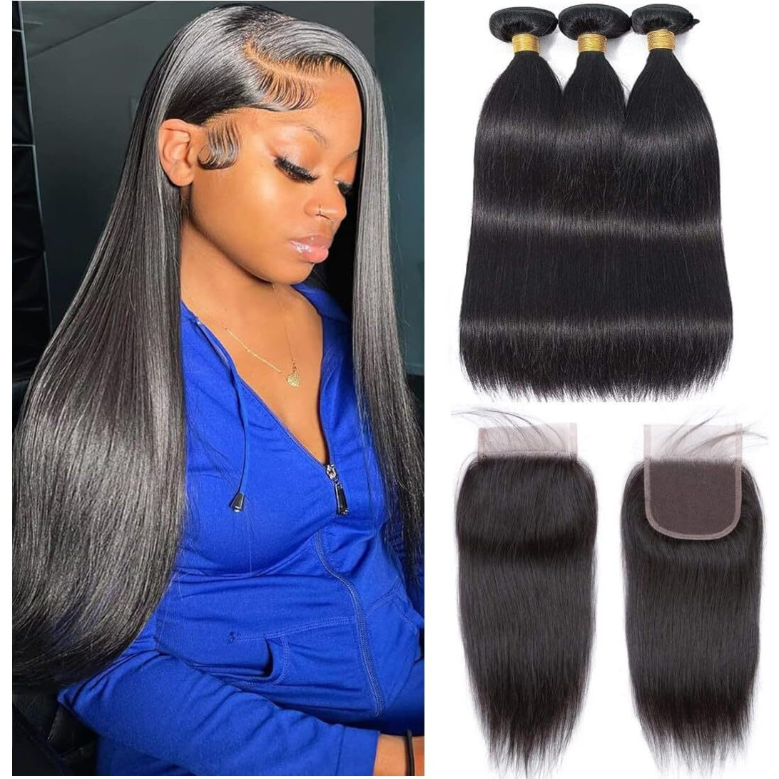 Straight Bundles With Closure Human Hair 20 22 24+18 Inch 100% Brazilian Unprocessed Virgin Body Wave 3 Bundles Human Hair With 4X4 Free Part Lace Closure Natural Black