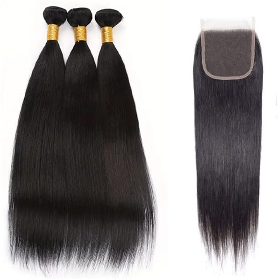 Straight Bundles With Closure Human Hair 20 22 24+18 Inch 100% Brazilian Unprocessed Virgin Body Wave 3 Bundles Human Hair With 4X4 Free Part Lace Closure Natural Black