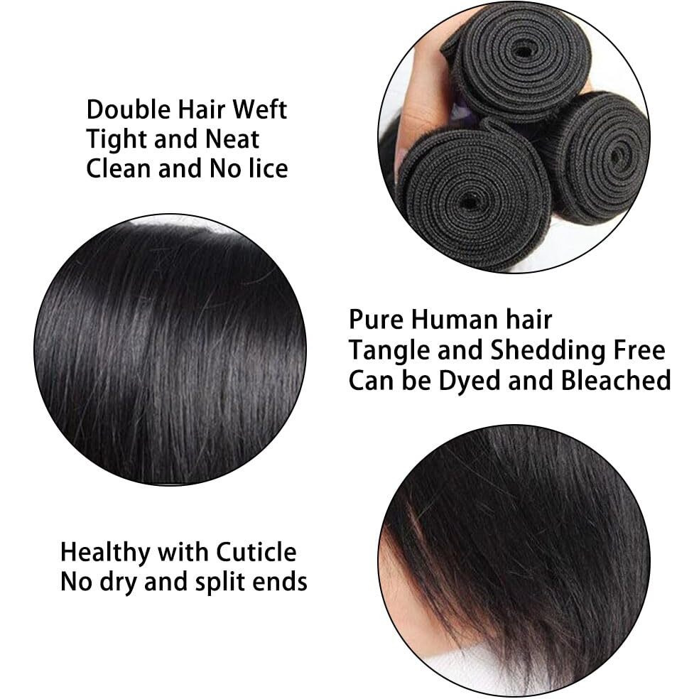 Straight Bundles With Closure Human Hair 20 22 24+18 Inch 100% Brazilian Unprocessed Virgin Body Wave 3 Bundles Human Hair With 4X4 Free Part Lace Closure Natural Black