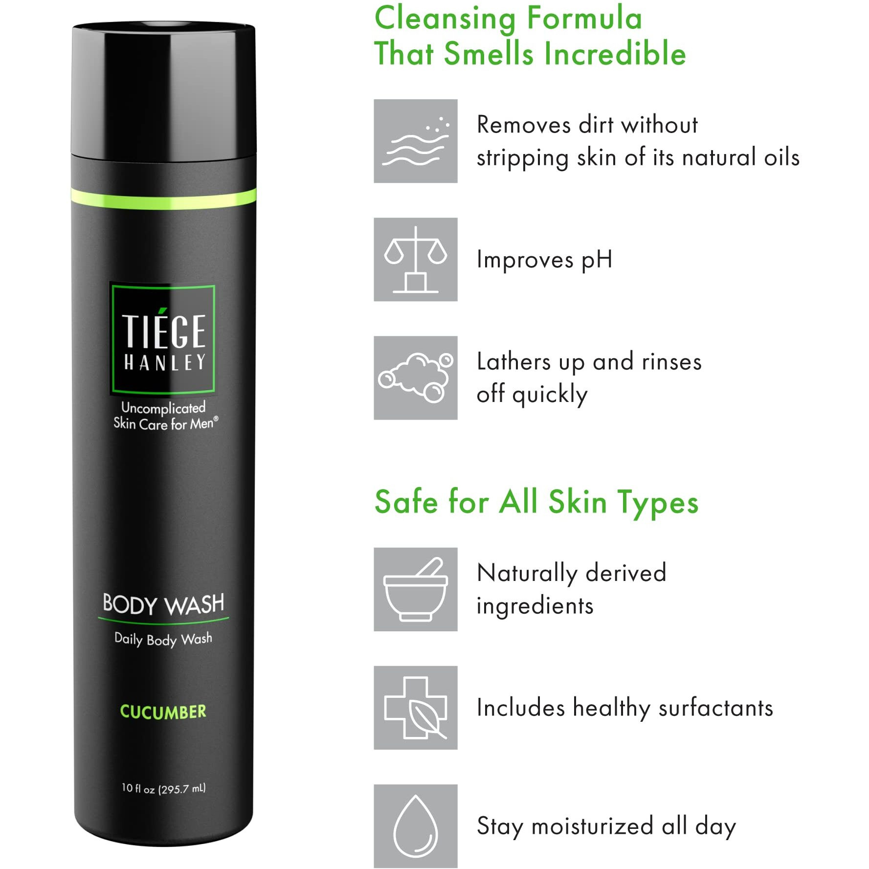 Tiege Hanley Daily Body Wash For Men | Gently Removes Dirt, Sweat And Oil | Cucumber Scent | 10 Fluid Ounces | Made In The Usa | 3 Pack