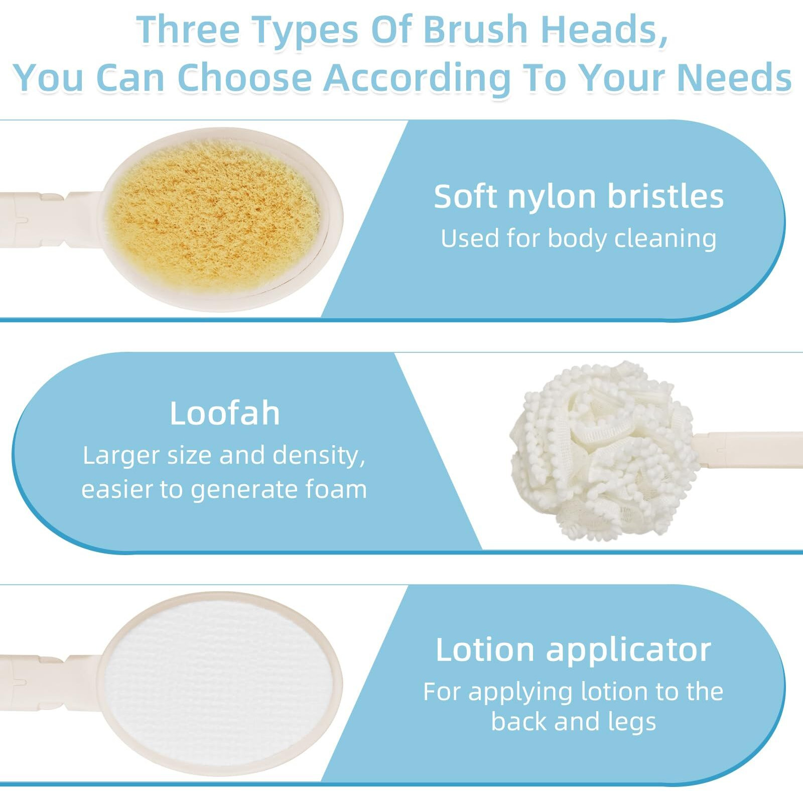 Topfinder Loofah Sponge With Handle,Back Scrubber Brush For Shower, Lotion Applicator For Back,3 In 1 Shower Kit (White Loofah)